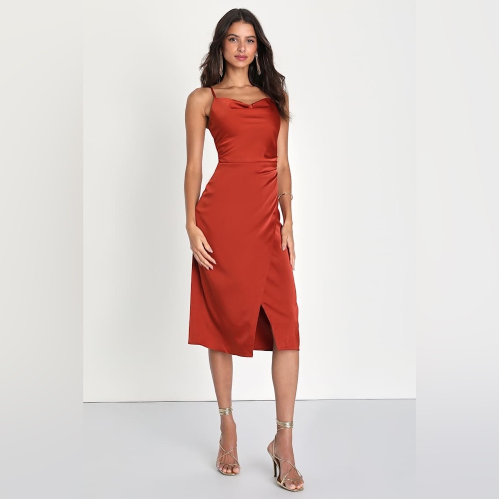 Lulus Hollywood Woman Bronze Satin Draped Cowl Neck Midi Dress Large Rust Orange